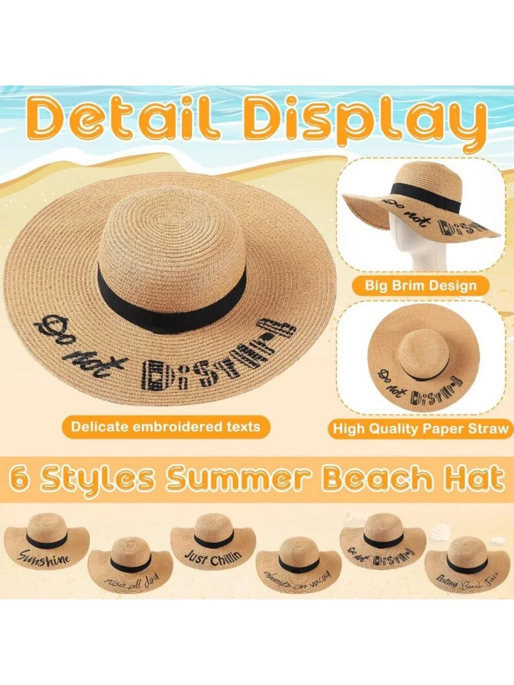 6 Pcs Women's Summer Floppy Beach Hats - Embroidered, Foldable, Large Brim